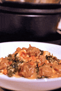 Healthy Sweet Potato, Kale, & Sausage Bake w/ High Protein Cheese Sauce