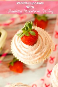 Vanilla Cupcakes with Strawberry Mascarpone Frosting and other strawberry recipes at www.idyllicpursuit.com