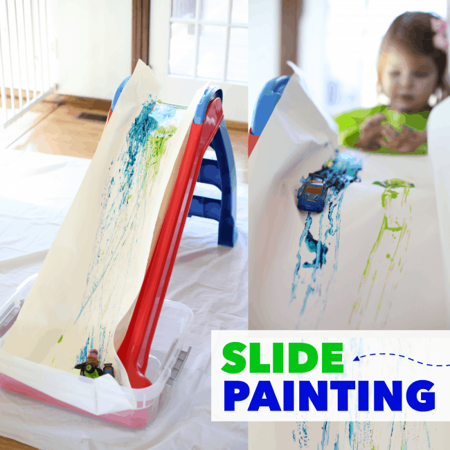 Slide painting and other messy toddler activities at idyllicpursuit.com