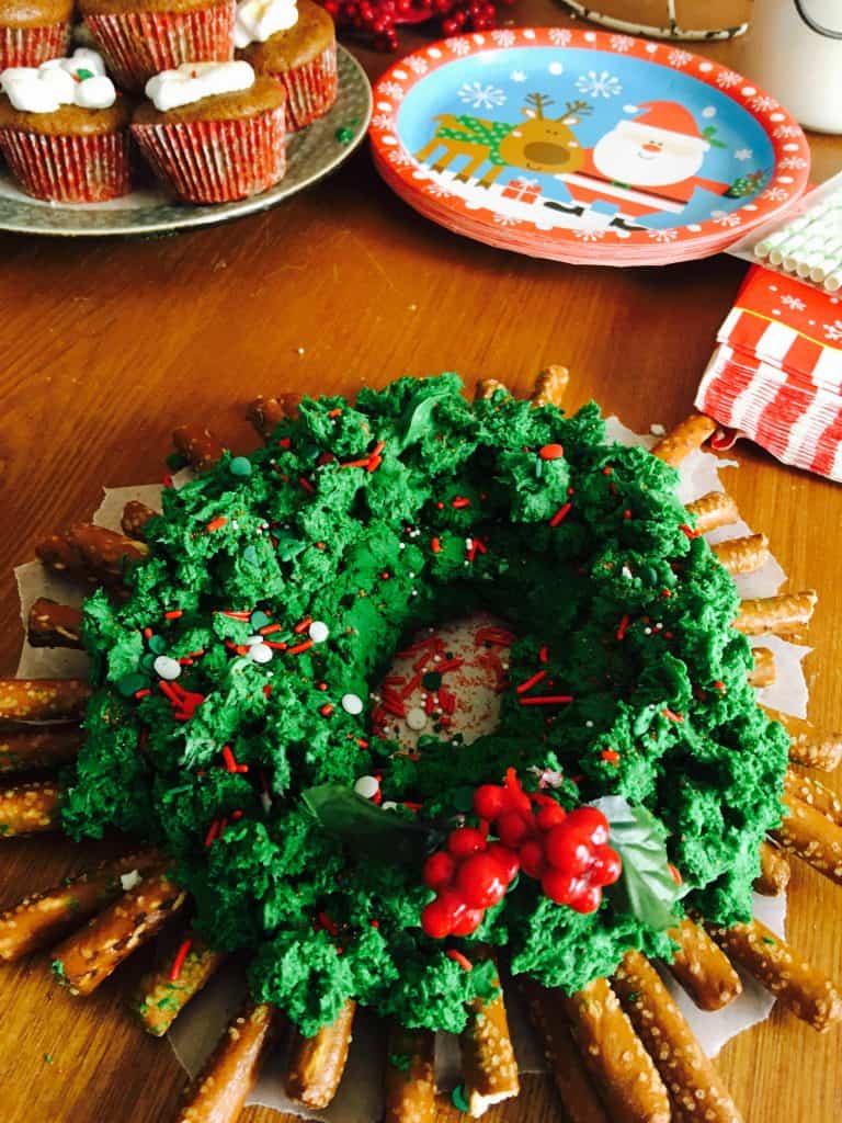 Chocolate and pretzel Christmas wreath at our Christmas party