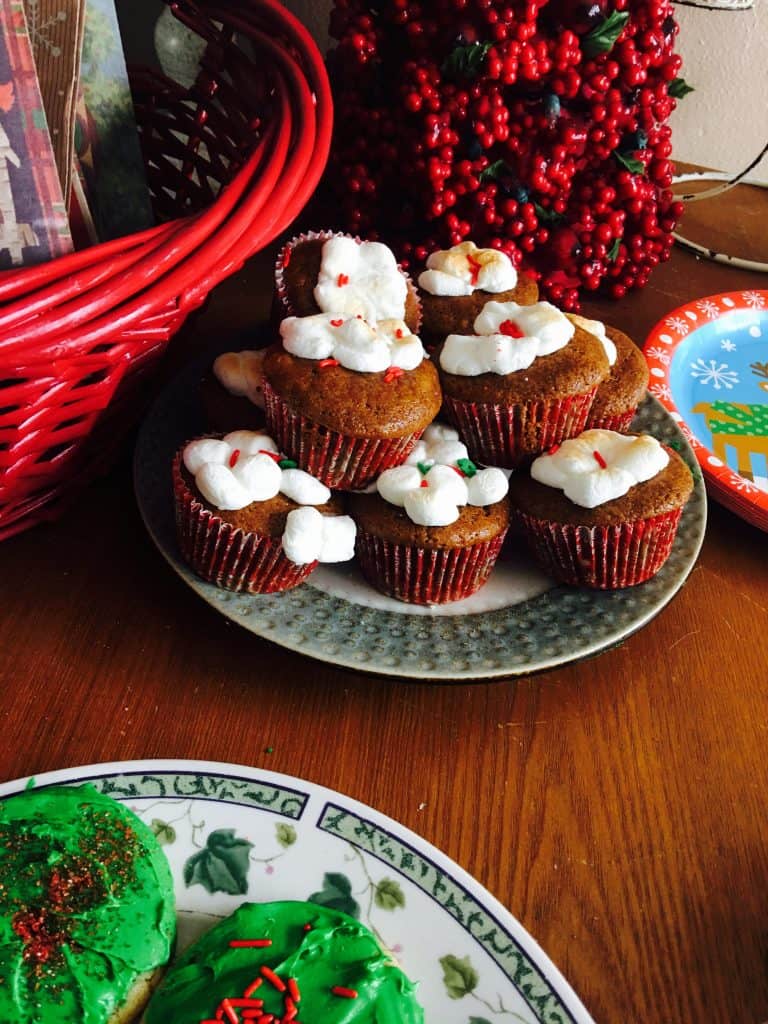 Gingerbread cupcakes with marshmallows on top at our Christmas party
