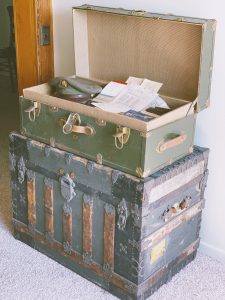 An old trunk full of war memorabilia at the Nathaniel Hamlin Museum