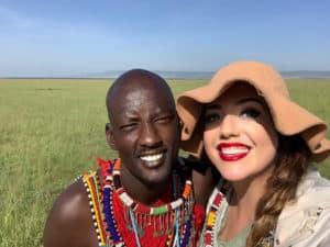 Taking selfies with a Maasai tribe member at the hot air balloon