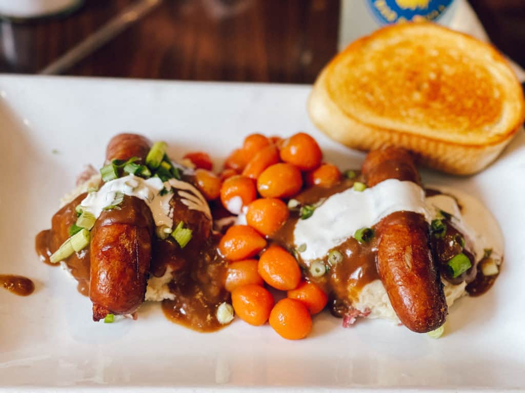 Bangers & gourmet mash with whiskey glazed carrots from Farley's Bar and Grill in Lindsborg (South Central Kansas)