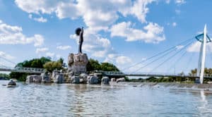 A picture taken from a kayak of the Keeper of the Plains