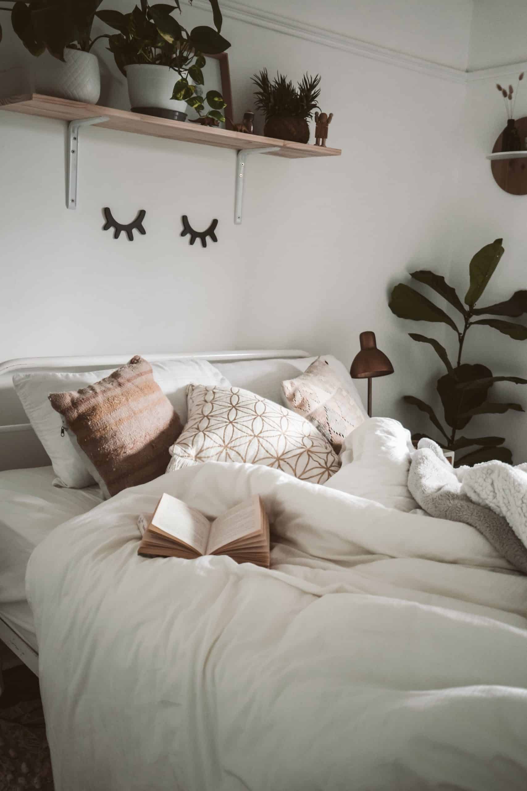 cozy home; picture of a bed with pillows and blankets, plants next to the bed, a lamp, wall decor, and a shelf with plants.