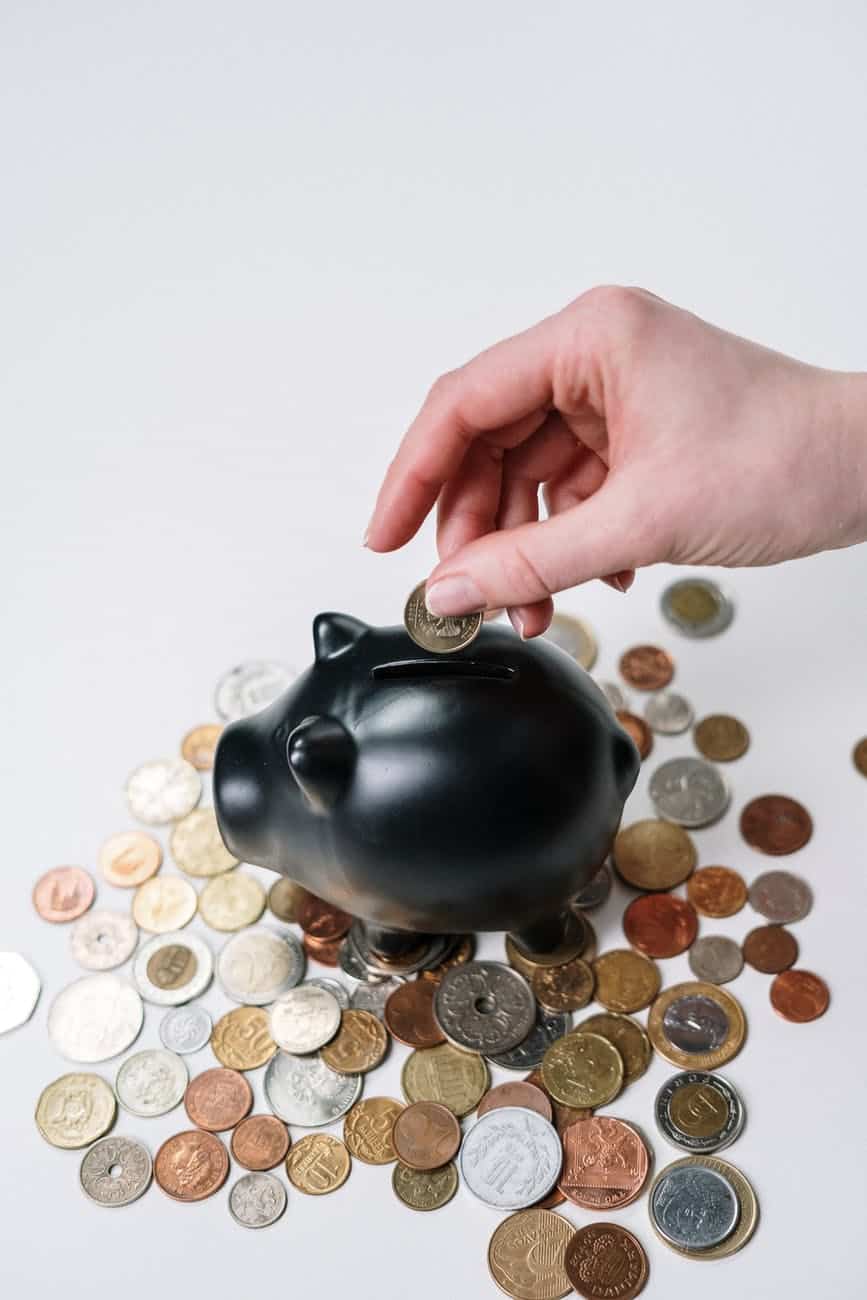 person putting coin in a piggy bank