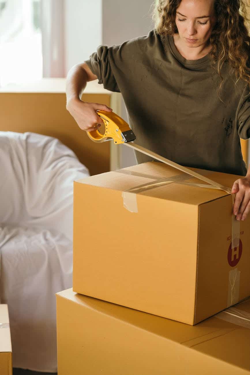 crop woman packing box in bedroom