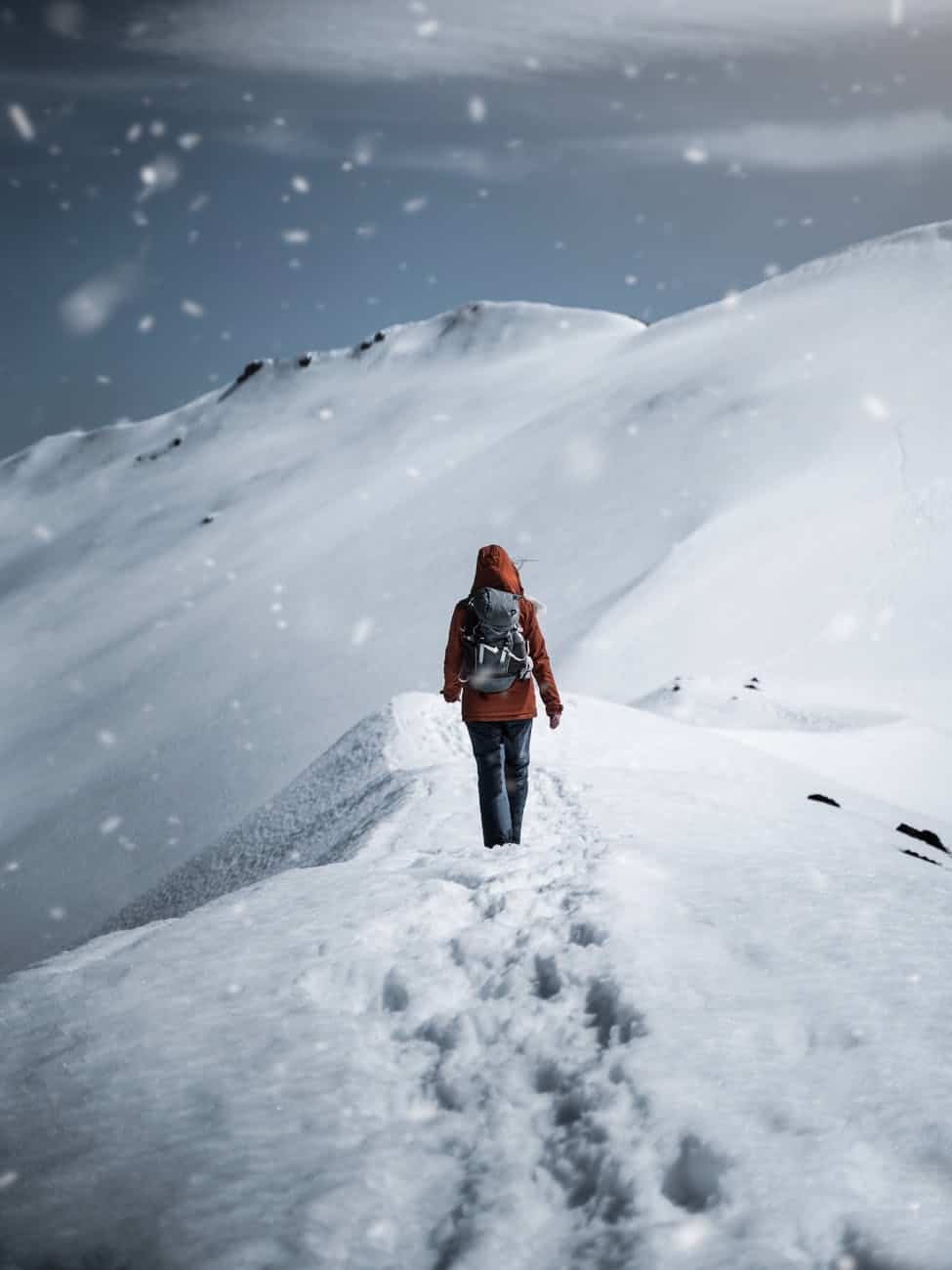 back view of a person in winter clothing walking alone on snow covered ground