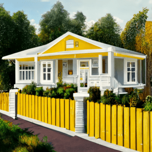 hyperrealistic symetrical_cozy_home_with_a_yellow picket fence