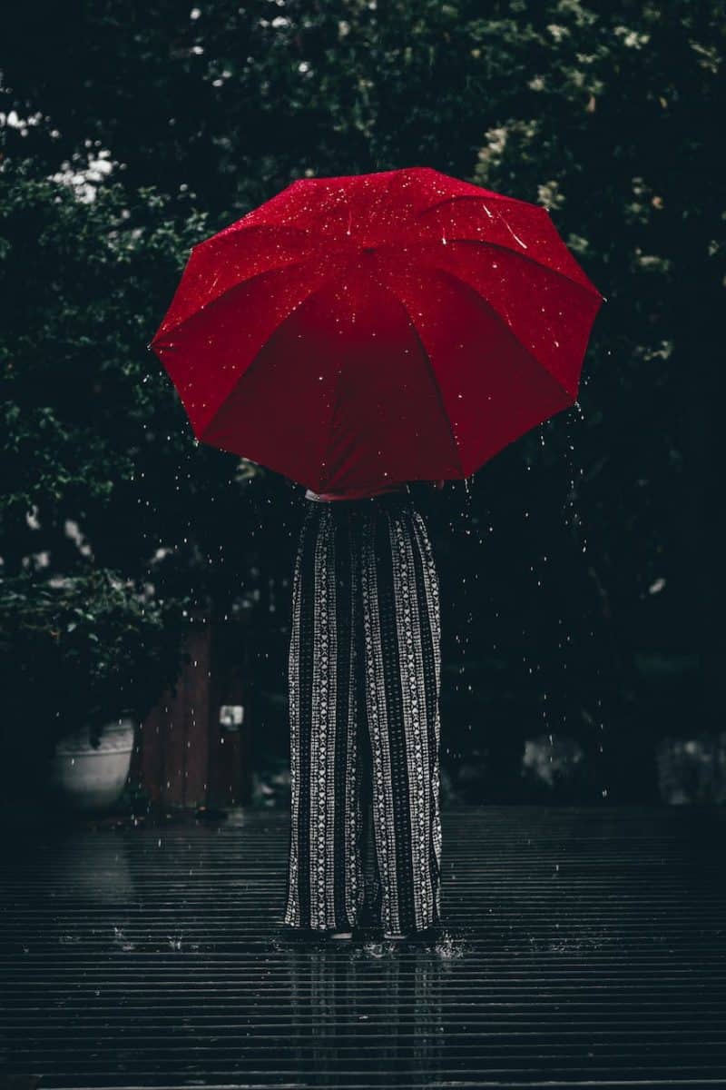 person standing using red umbrella