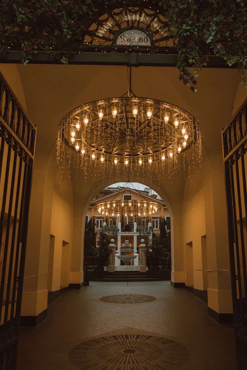 chandeliers in a grand foyer