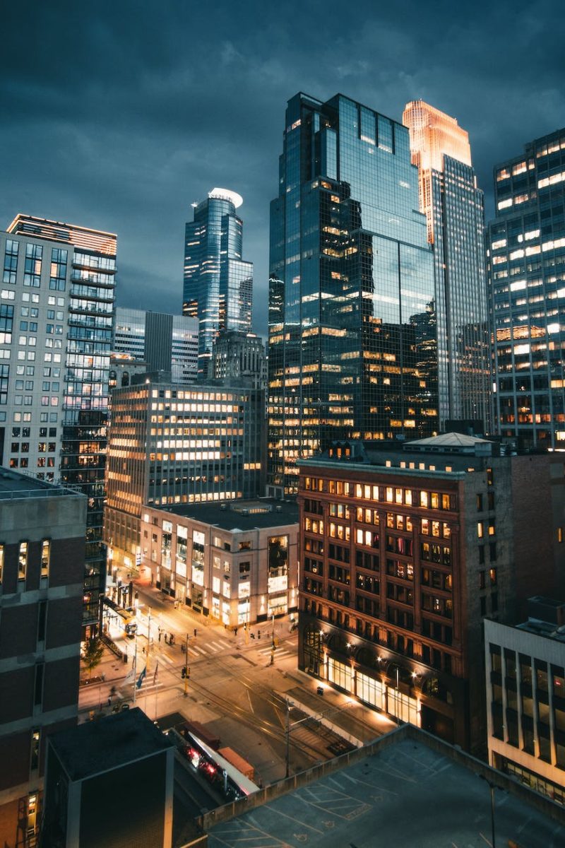 high rise buildings during night time