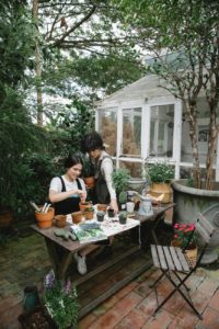 female gardeners working in floral garden with potted plants