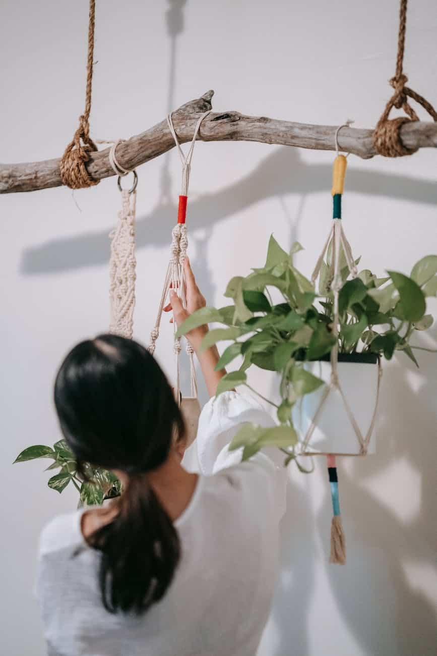 a woman touching the macrame of hanging plants