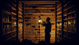 Person stocking up prepper pantry shelves with canned goods and food items