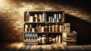 Shelf with canned goods and food storage for emergency supplies