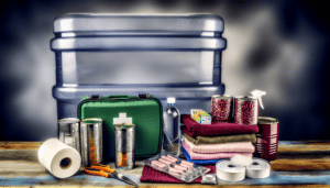 Emergency supplies including first aid kit, canned goods, and water storage