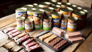 Protein bars and canned meats for survival