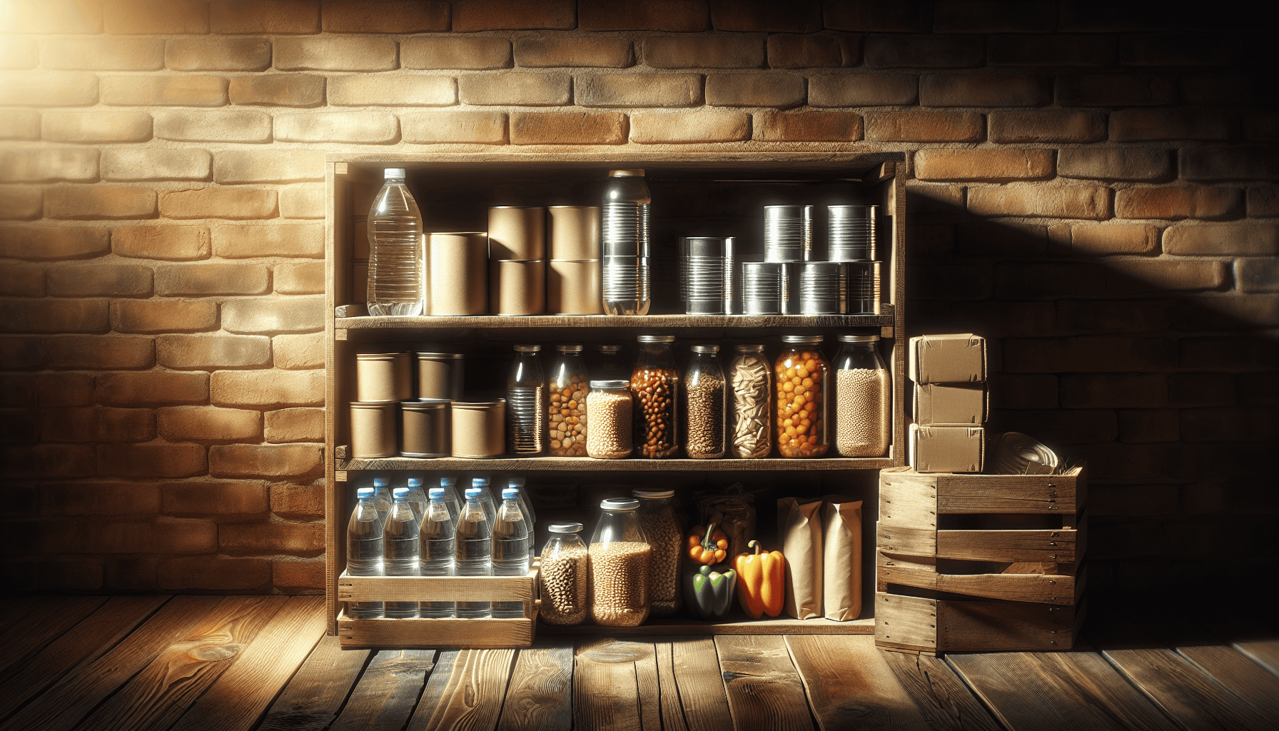 Shelf with canned goods and food storage for emergency supplies
