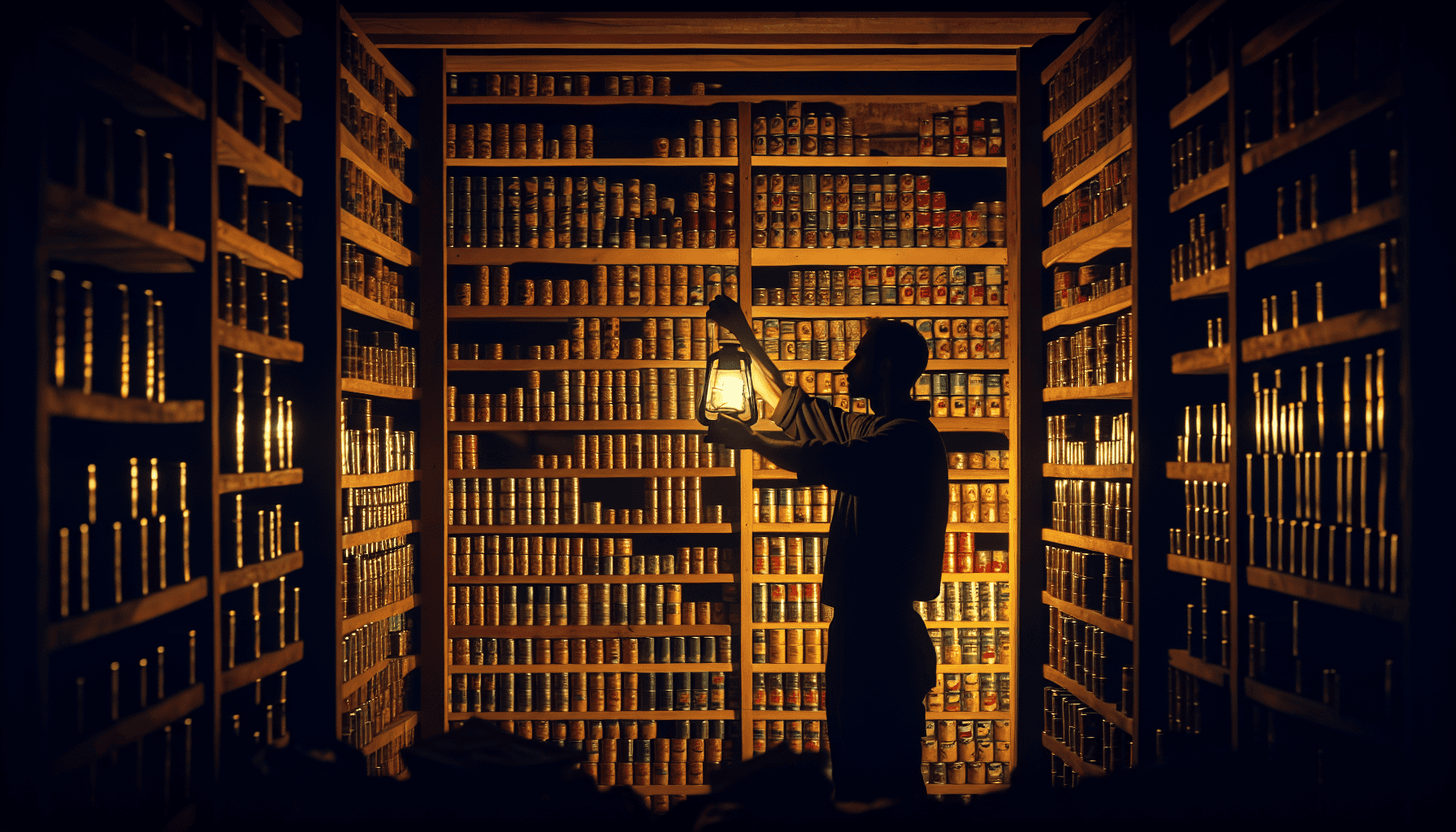 Person stocking up prepper pantry shelves with canned goods and food items