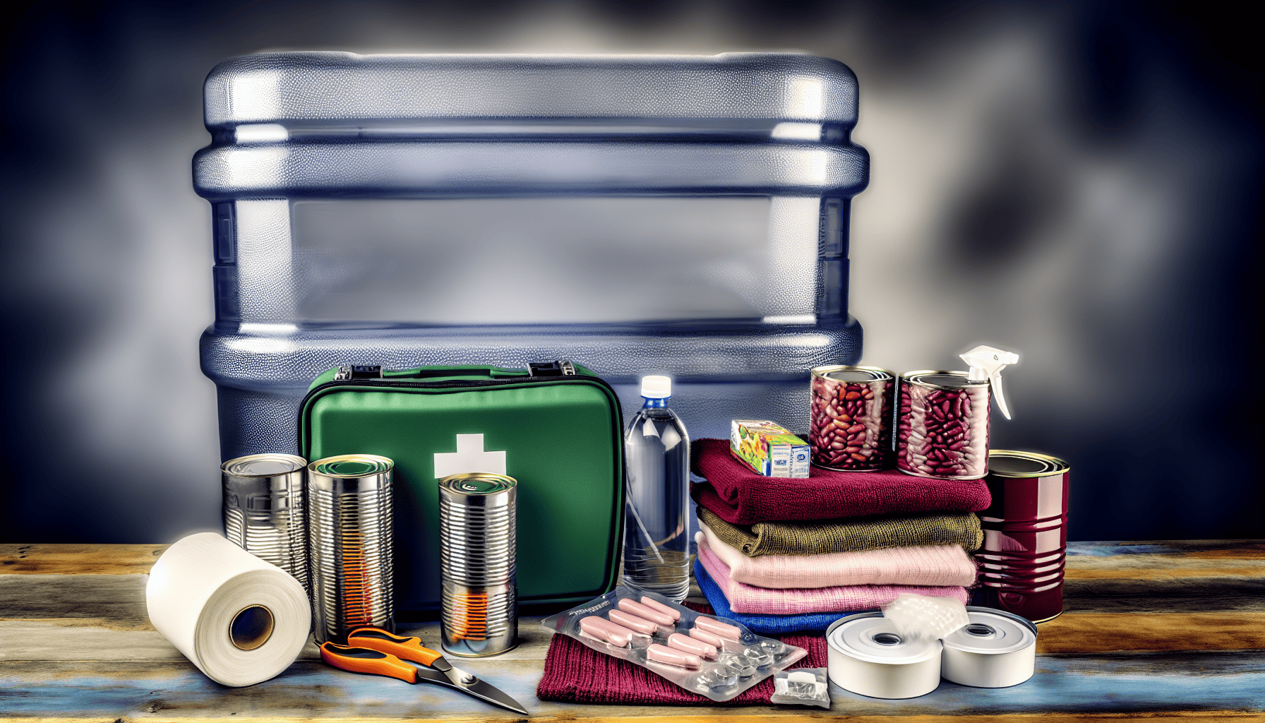 Emergency supplies including first aid kit, canned goods, and water storage