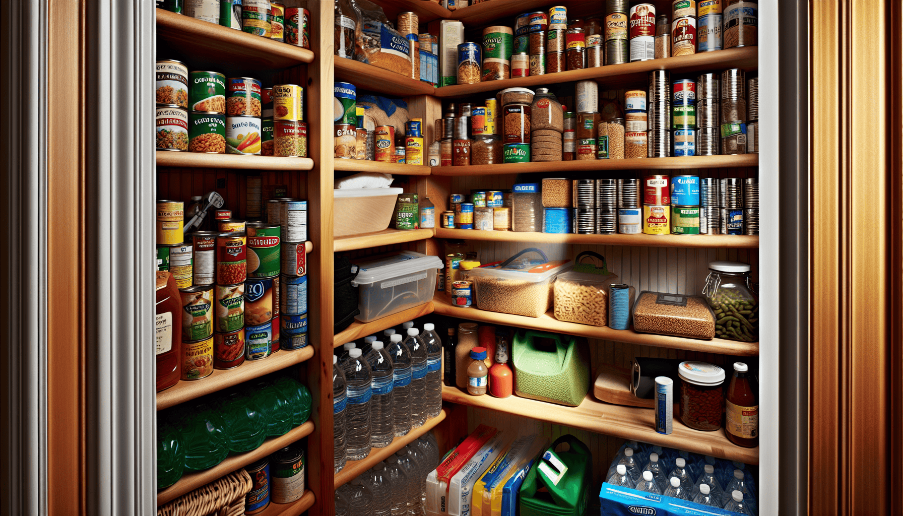 Home preparedness with stocked food, water, and essential supplies