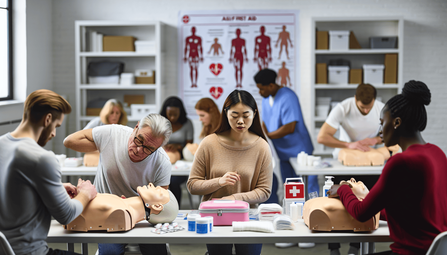 First aid training with first aid supplies and essential medications