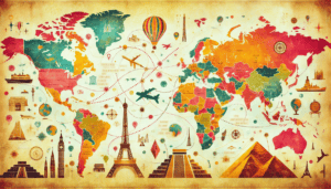 Illustration of a world map with travel destinations marked