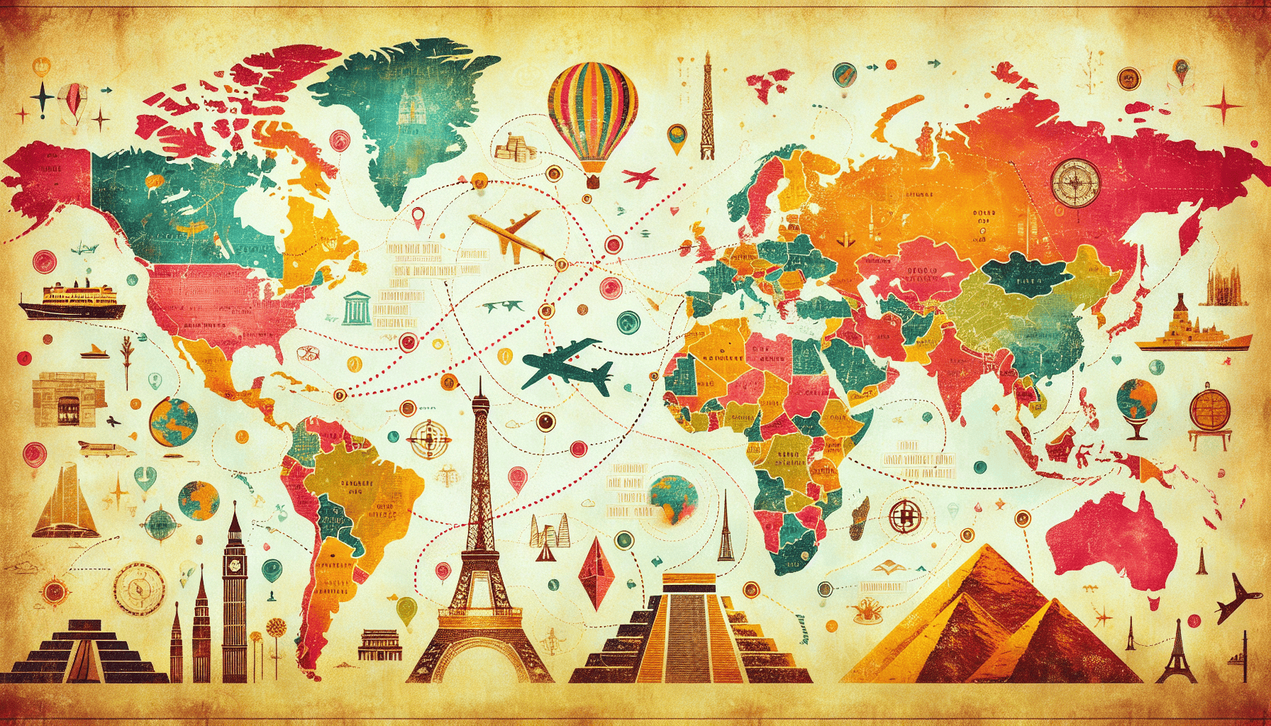 Illustration of a world map with travel destinations marked