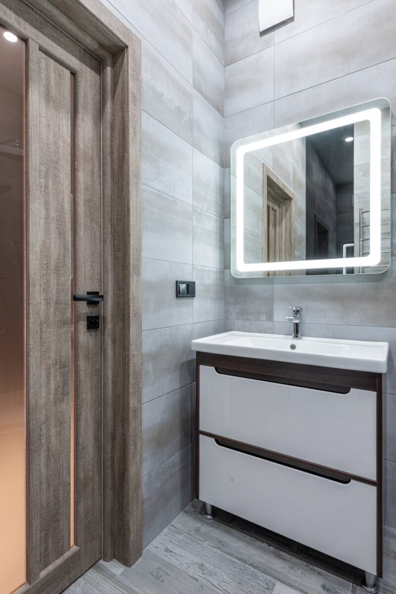 contemporary bathroom interior with washbasin under mirror in house