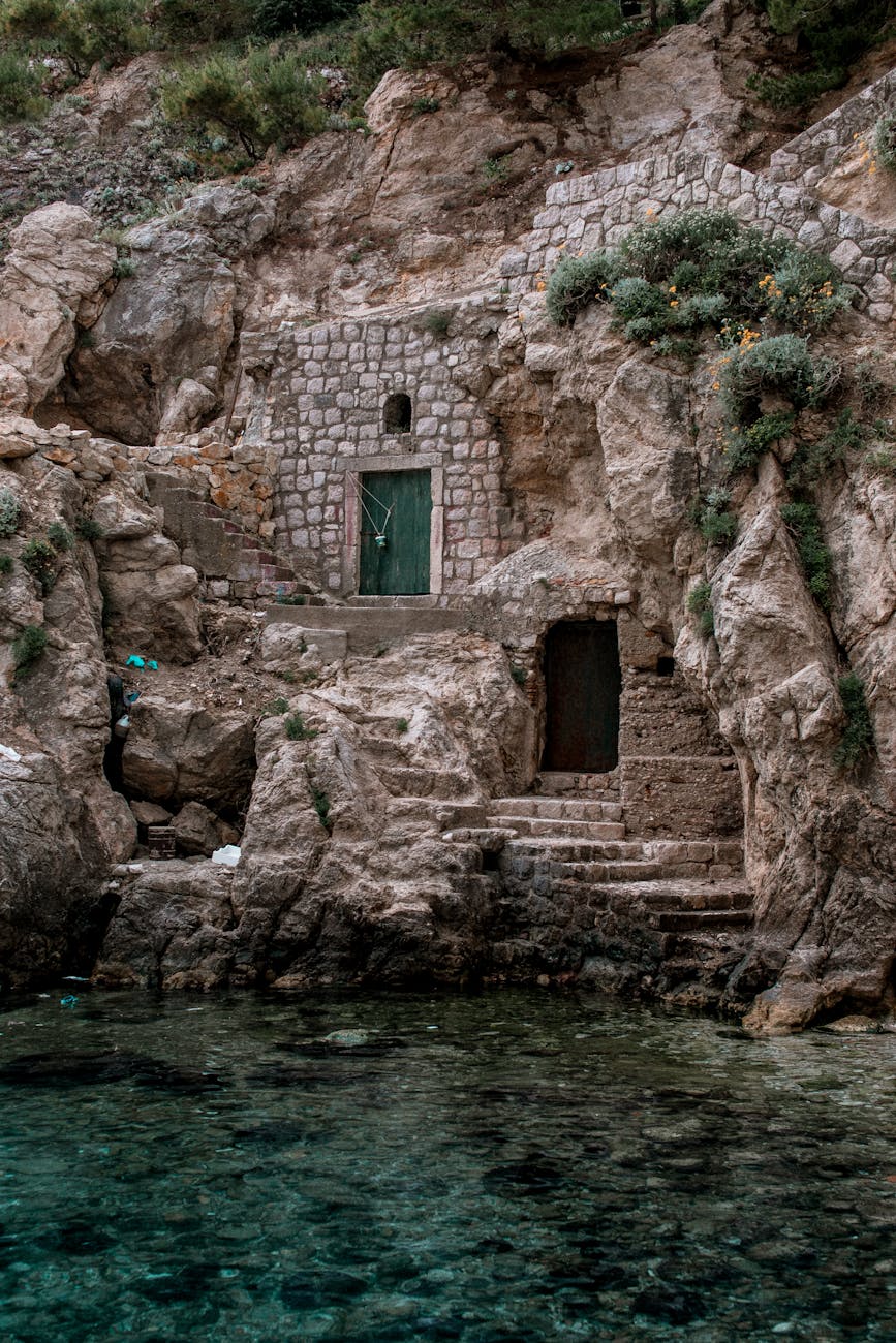 old stone castle on mount near rippled sea in croatia