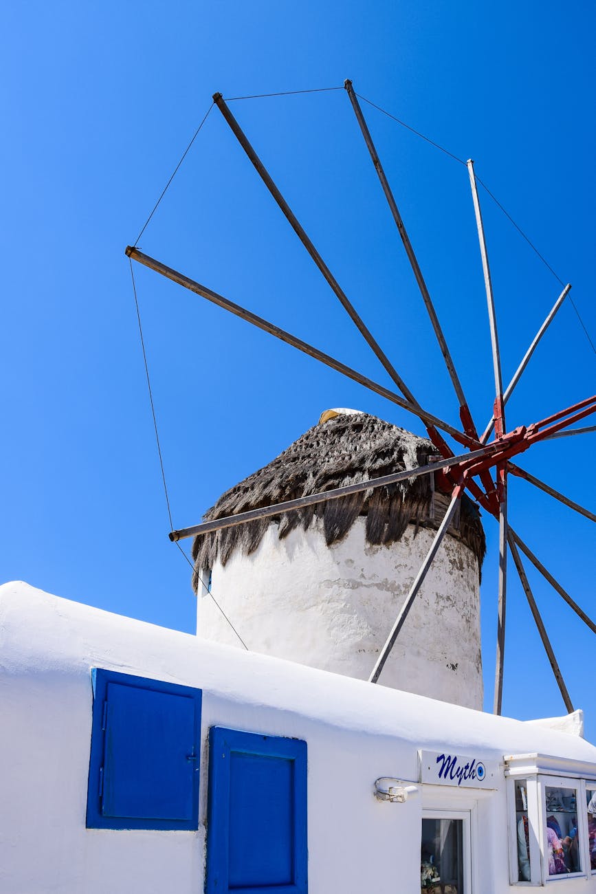souvenir shop in front of the historic mykonos windmill