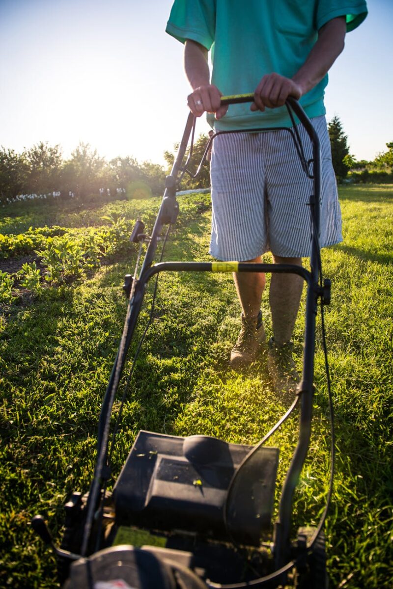 a person mowing the lawn