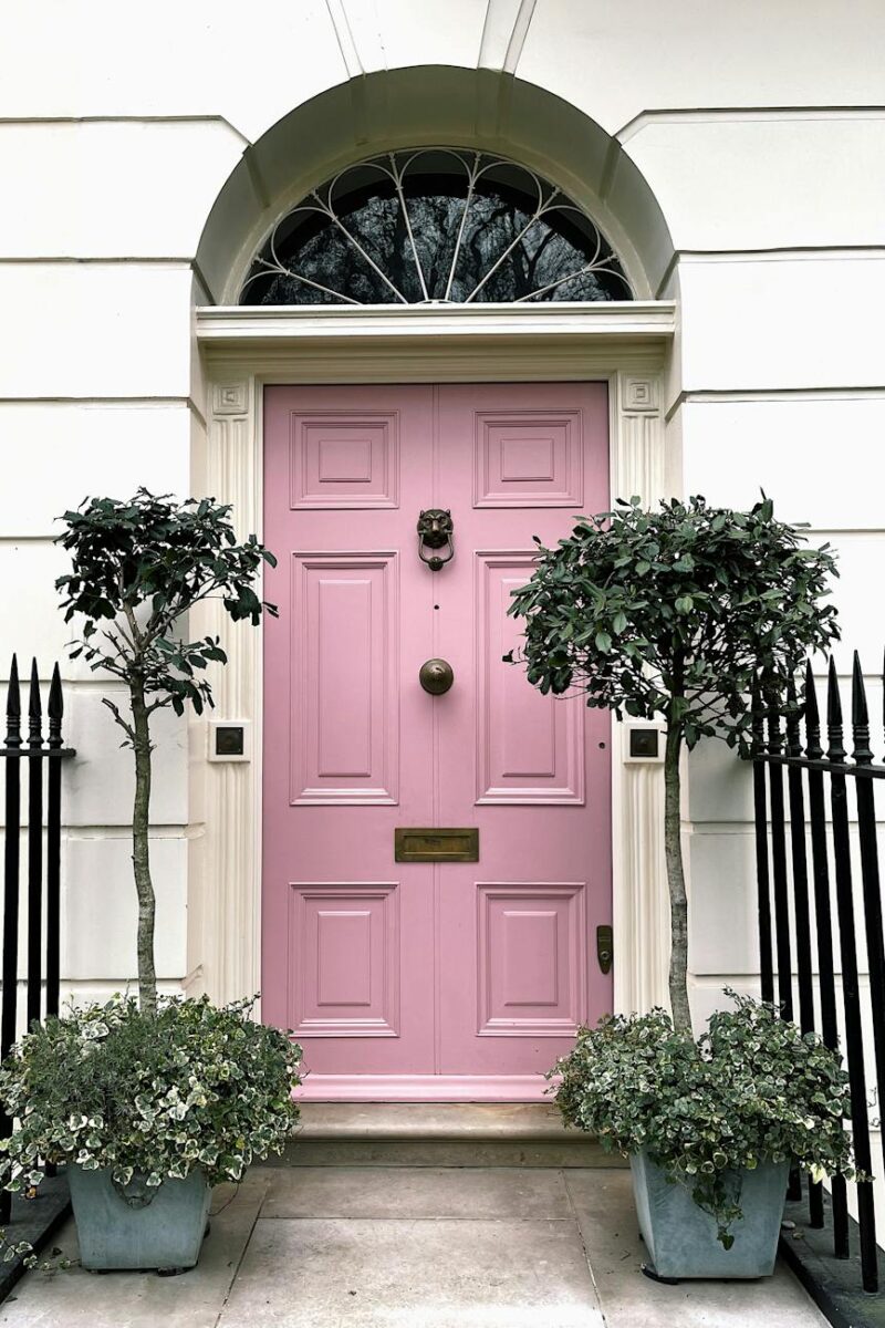 pink entrance door in old building