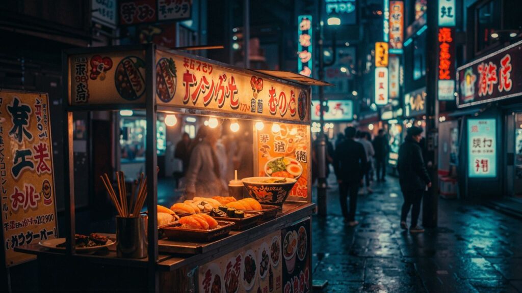Night street food stall in Japan selling sushi and ramen in a busy neon-lit alley.