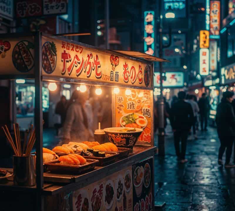 Night street food stall in Japan selling sushi and ramen in a busy neon-lit alley.