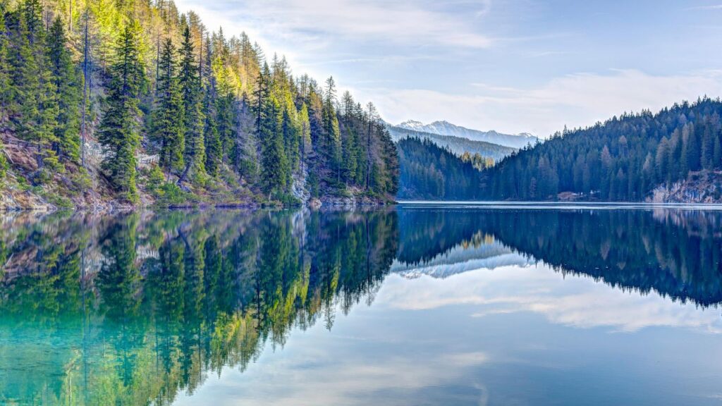 Crystal-clear alpine lake reflecting pine trees and mountains under a blue sky – perfect mirror-like water scenery.