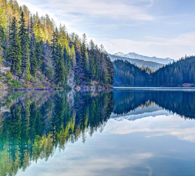 Crystal-clear alpine lake reflecting pine trees and mountains under a blue sky – perfect mirror-like water scenery.
