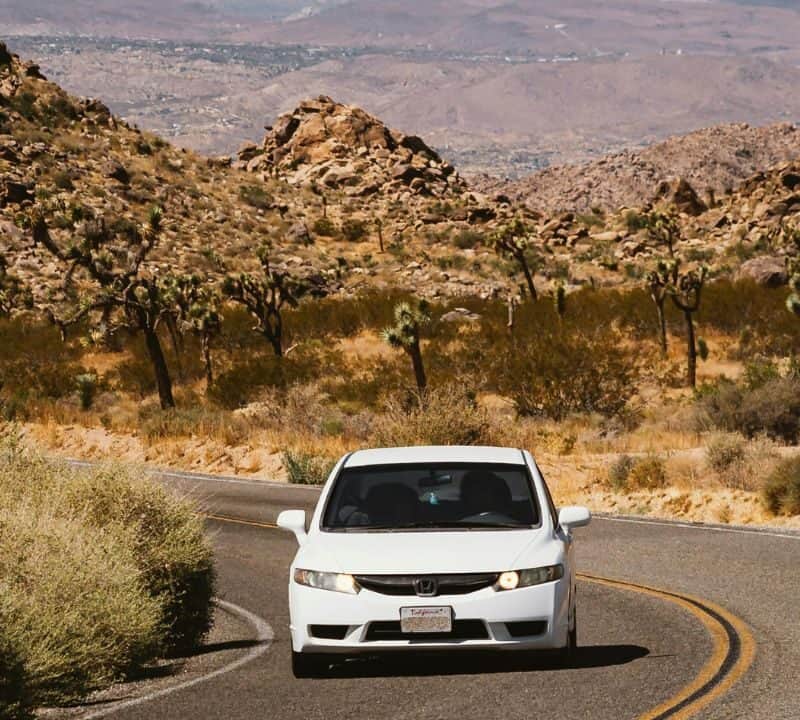 A white car driving on a winding desert road surrounded by rocky hills, sparse vegetation, and Joshua trees under a clear sky.