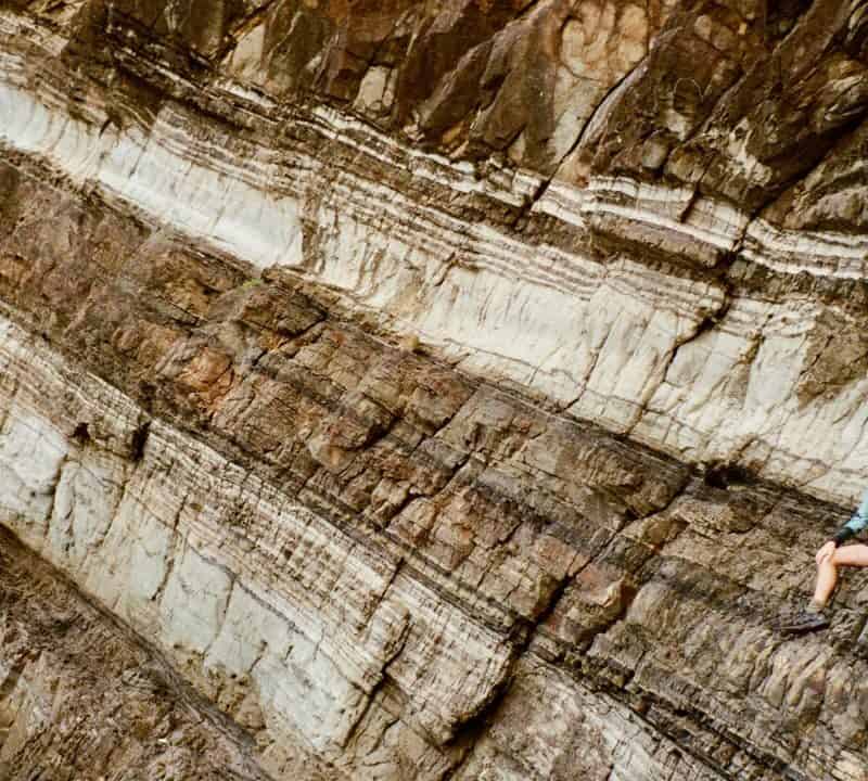 Two people sitting on narrow rock ledges of a steep, layered cliff face, surrounded by dramatic geological formations with horizontal striations.