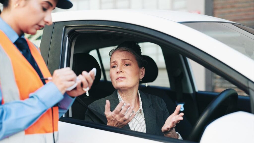 Frustrated woman in a car speaking to a uniformed officer writing a citation, possibly due to a travel-related violation.