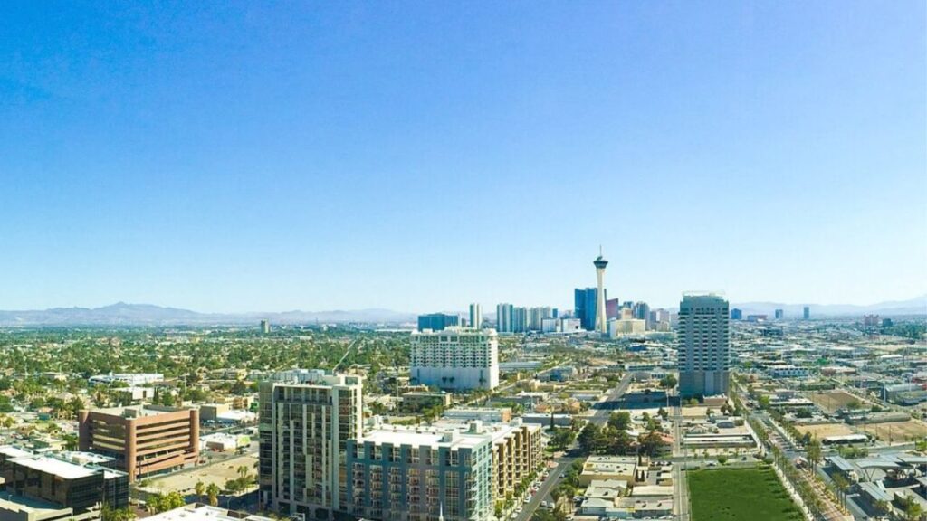 Las Vegas skyline with Stratosphere Tower on a clear sunny day.