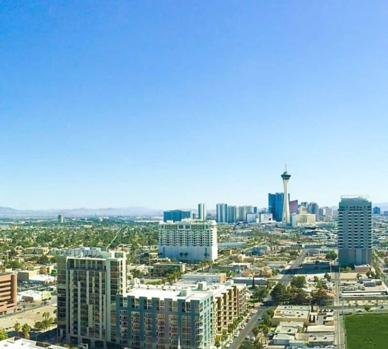 Las Vegas skyline with Stratosphere Tower on a clear sunny day.