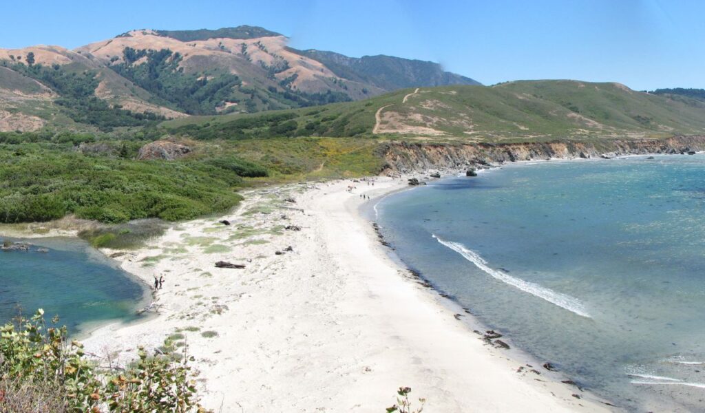 Curved sandy beach at Andrew Molera State Beach in Big Sur, backed by green hills and ridges