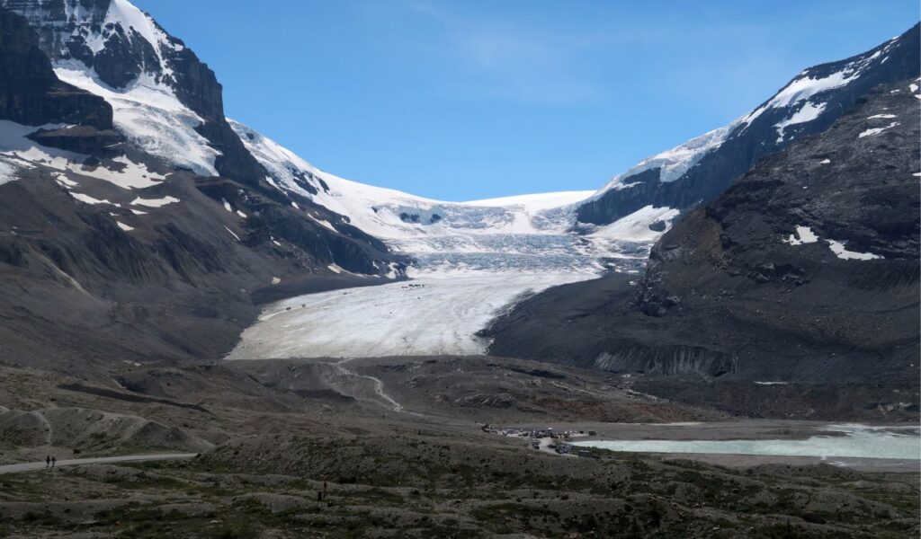 This is the Athabasca Glacier in the Canadian Rockies, located within Jasper National Park. It’s a part of the larger Columbia Icefield and a popular destination for glacier tours.