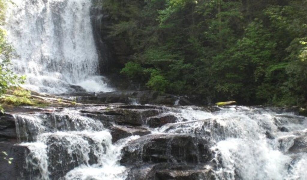 Batson Creek Falls cascading through lush green forest in North Carolina
