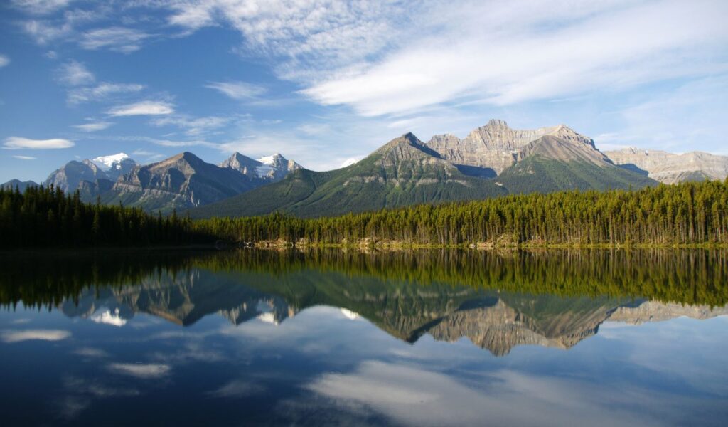 Calm lake in Canada reflecting pine forest and Rocky Mountains under a blue sky.