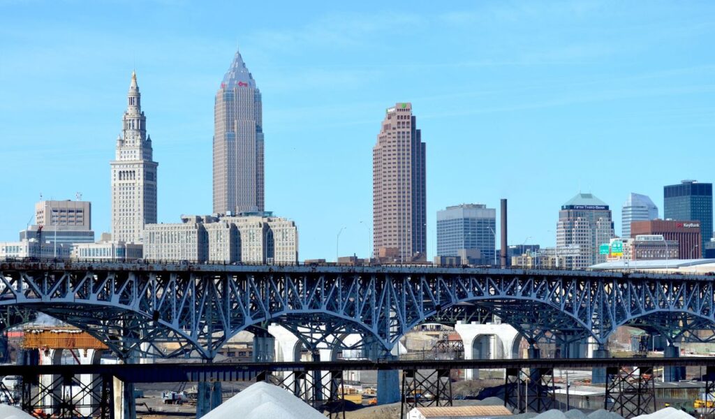 Steel bridges, iconic towers, and a gritty skyline—Cleveland, Ohio showing off its industrial heart and urban energy.