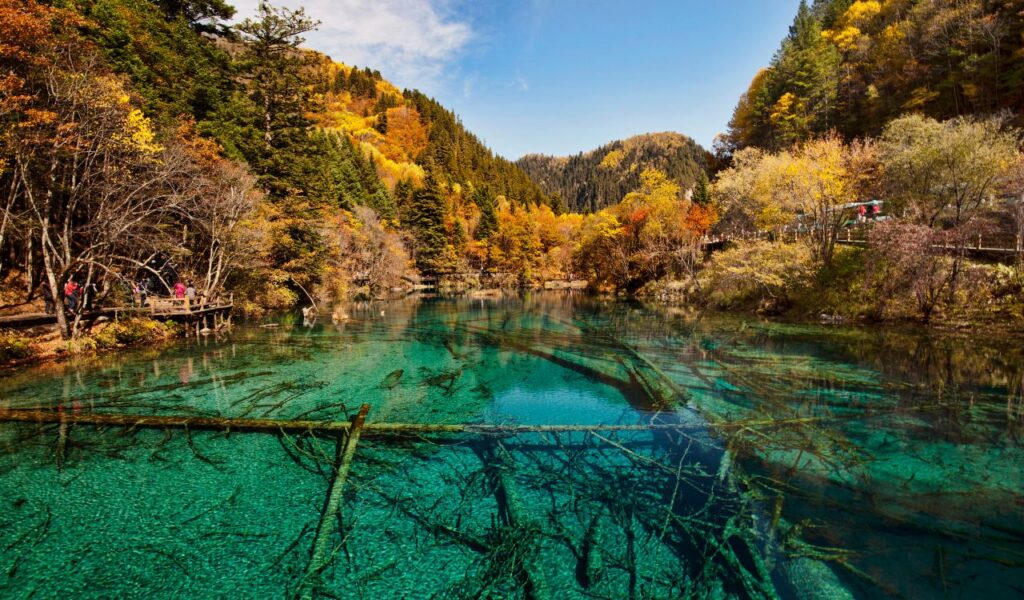 Five Flower Lake in China with crystal-clear water and vibrant autumn trees.